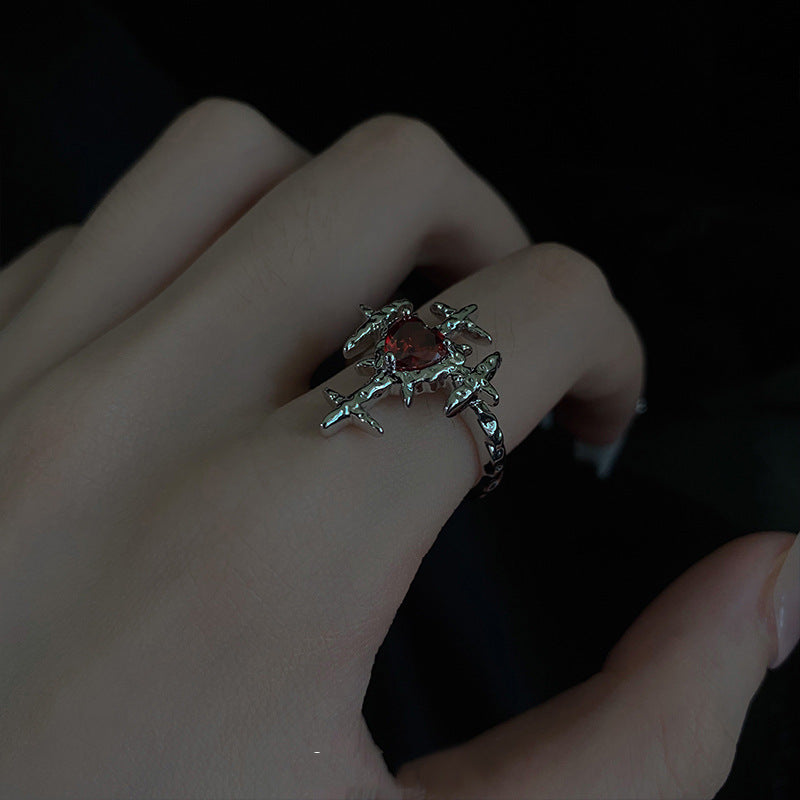 Wholesale  Retro Exaggerated Dark Cross Red Love Zircon Ring Finger Ring Opening Adjustable Ring